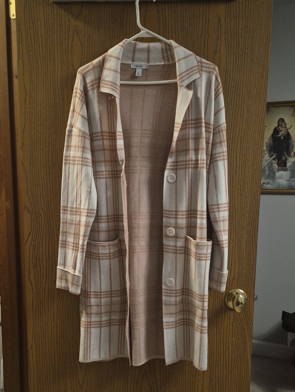 Nine West Light Pink, Cream and Tan Plaid Long Trench Cardigan